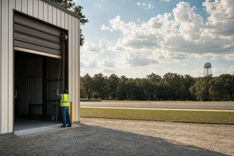 Technician inspecting the chain hoist on a commercial overhead door at a metal warehouse