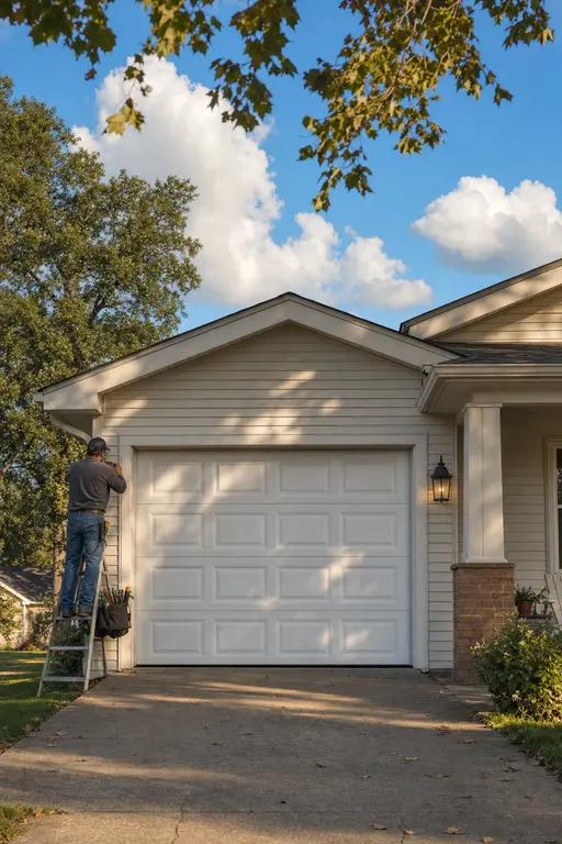 Technician checking the garage door track on a cottage in Sand Springs