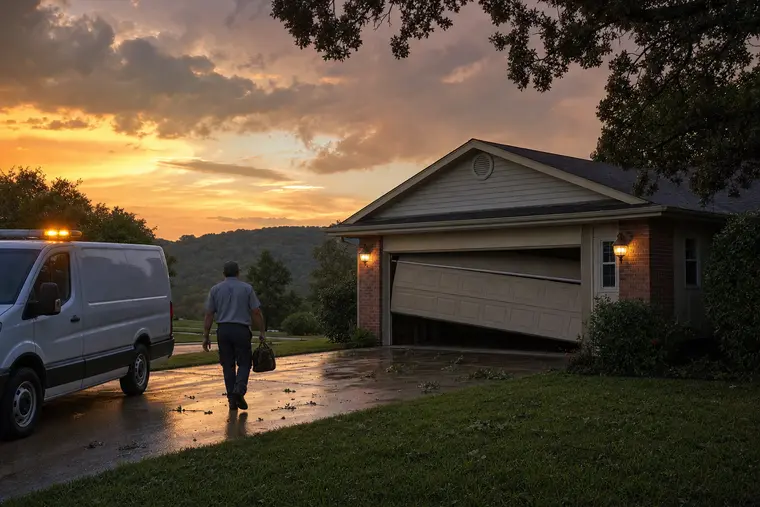 Technician arriving at a jammed, crooked garage door after an evening storm