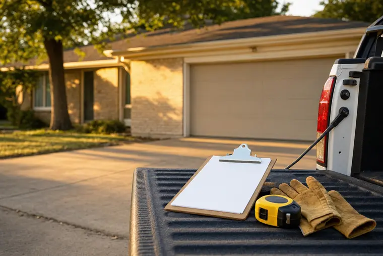 Estimator's clipboard and tape measure on a tailgate in front of a Sand Springs garage