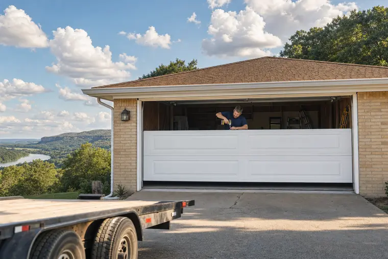 New garage door sections seated in the tracks during installation at a brick ranch