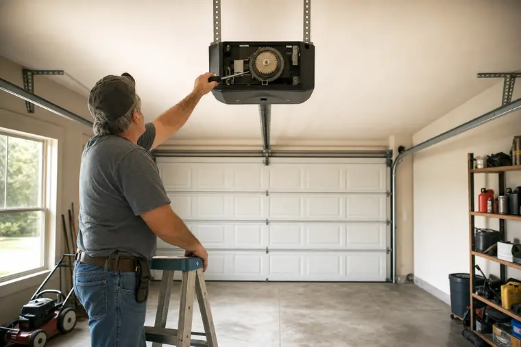Technician testing the drive gear of a ceiling-mounted garage door opener