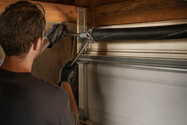Technician winding a torsion spring with steel bars, garage door closed
